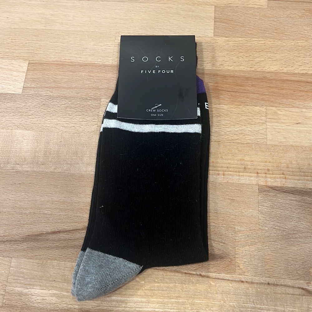 FiveFour CREW SOCKS - black, white top stripes, purple toe